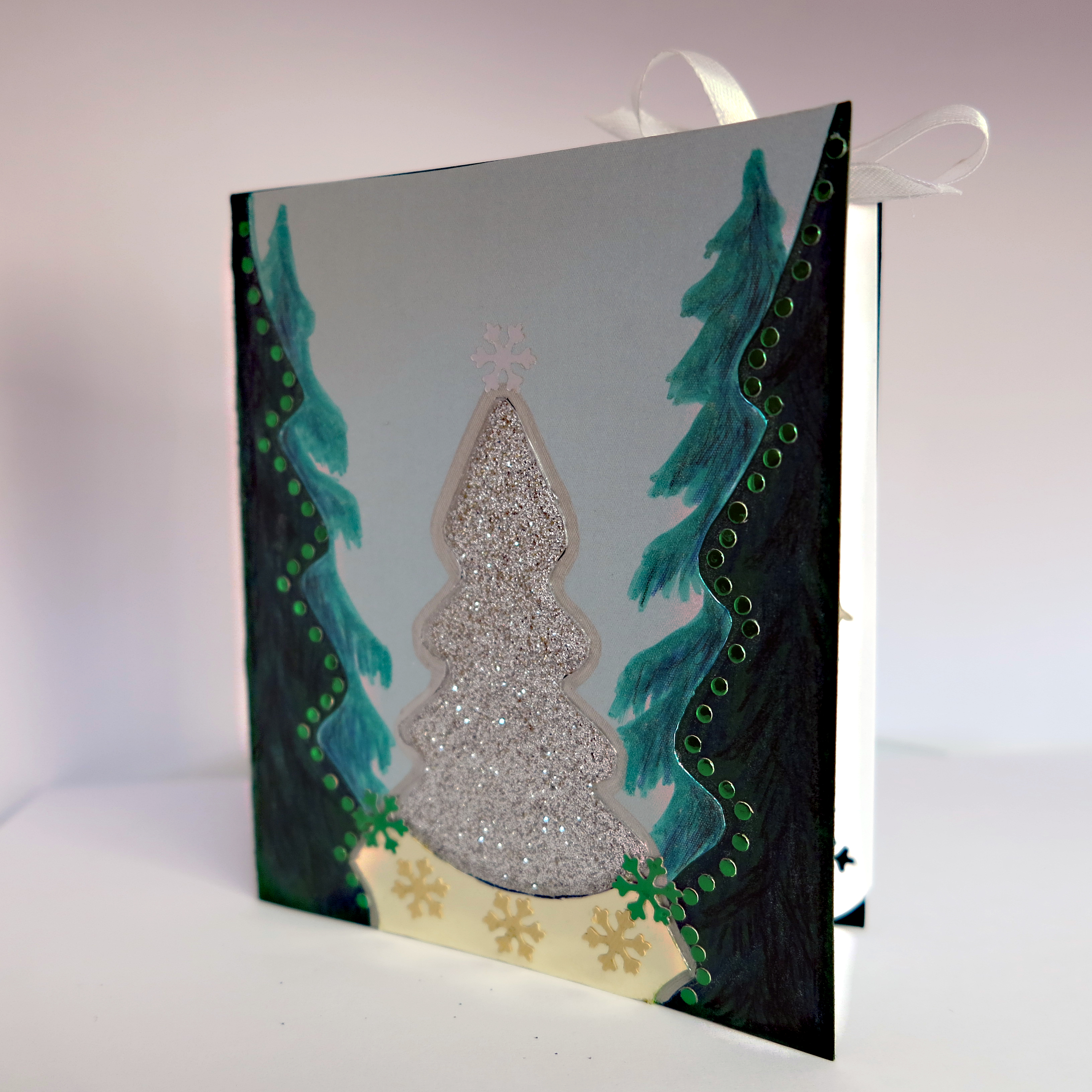 3D Christmas card "Silver Christmas tree in the forest"